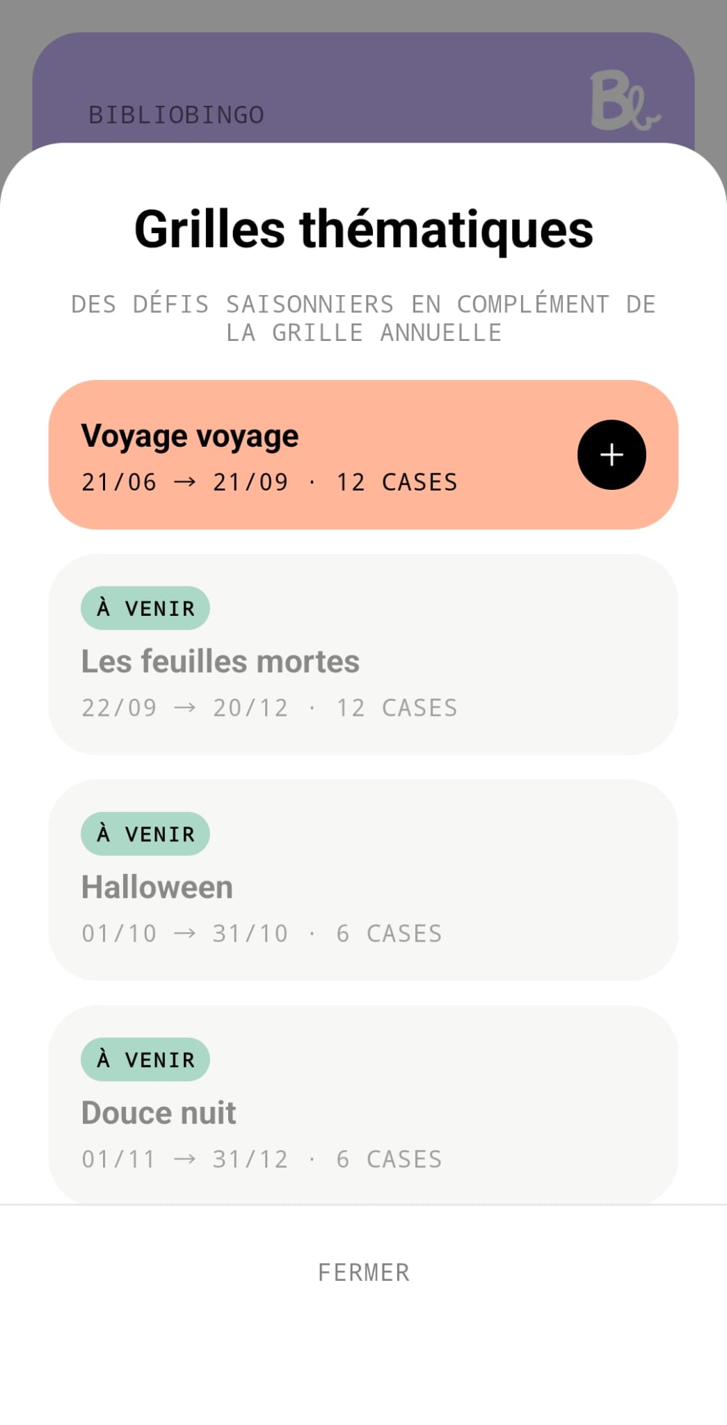 Écran « Grilles thématiques » : liste des grilles saisonnières disponibles et à venir