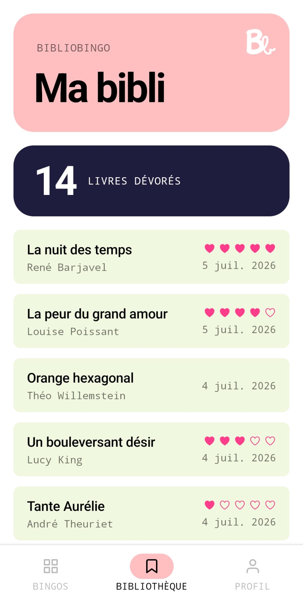 Écran « Ma bibli » : liste des livres lus avec note et date