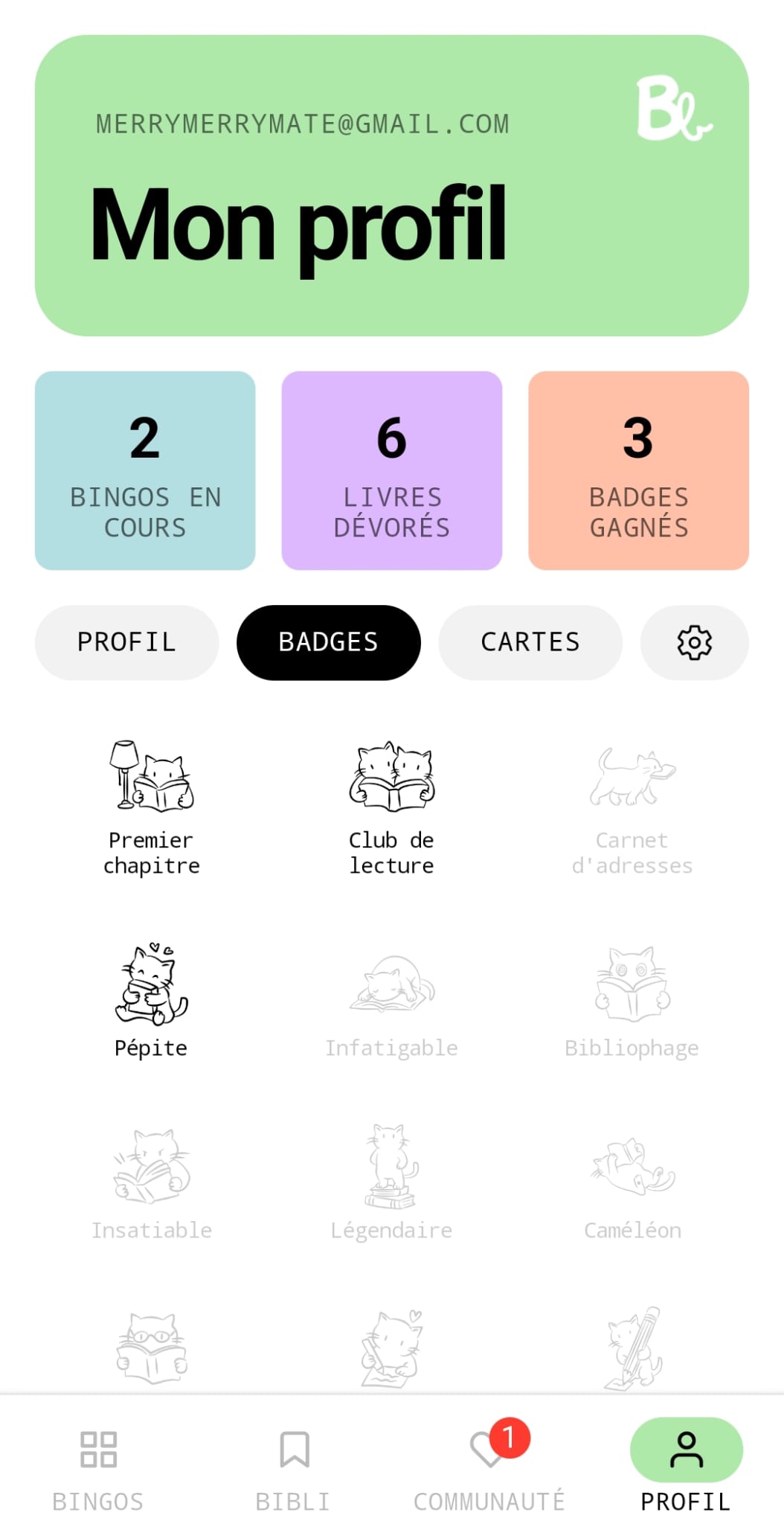 Écran « Mes badges » : liste des badges obtenus et à obtenir