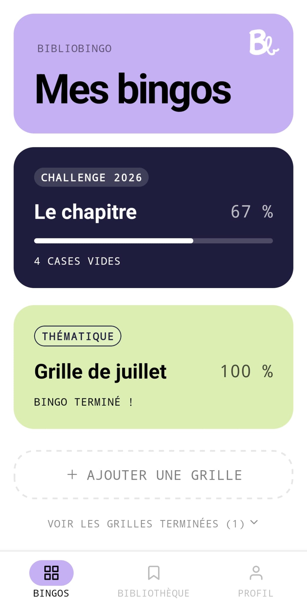Écran « Mes bingos » : liste des grilles en cours avec leur progression